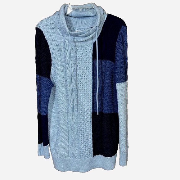 LL Bean Signature Blue Colorblock Funnelneck Cable Knit Sweater L NWT Cozy Chic - Picture 1 of 7